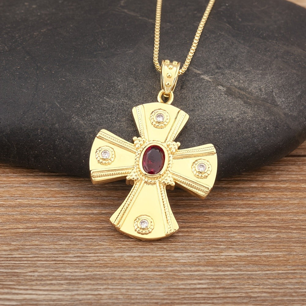 18k Vintage Inspired Ruby Cross Necklace