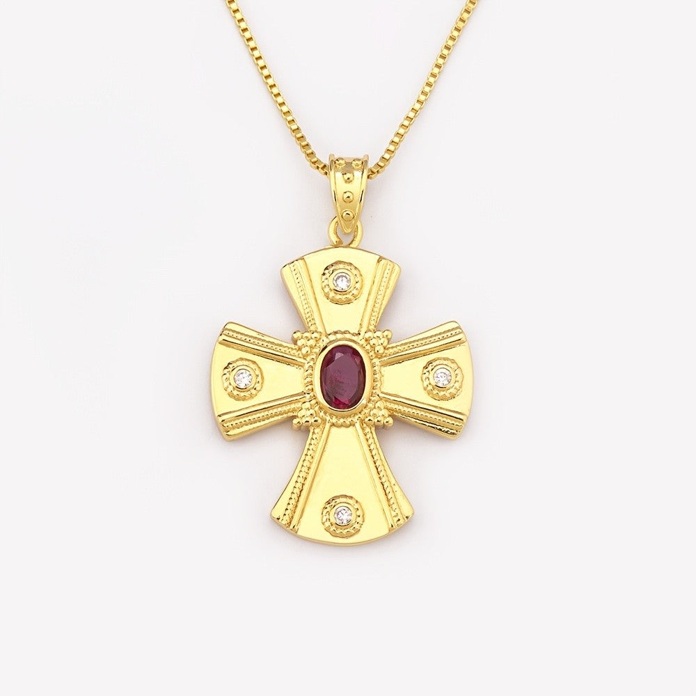18k Vintage Inspired Ruby Cross Necklace