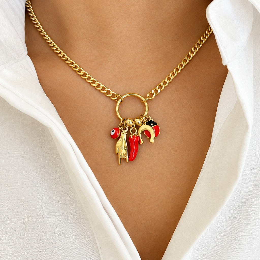 Boho Ladybug & Chili Charm Necklace