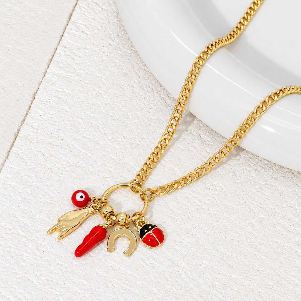 Boho Ladybug & Chili Charm Necklace