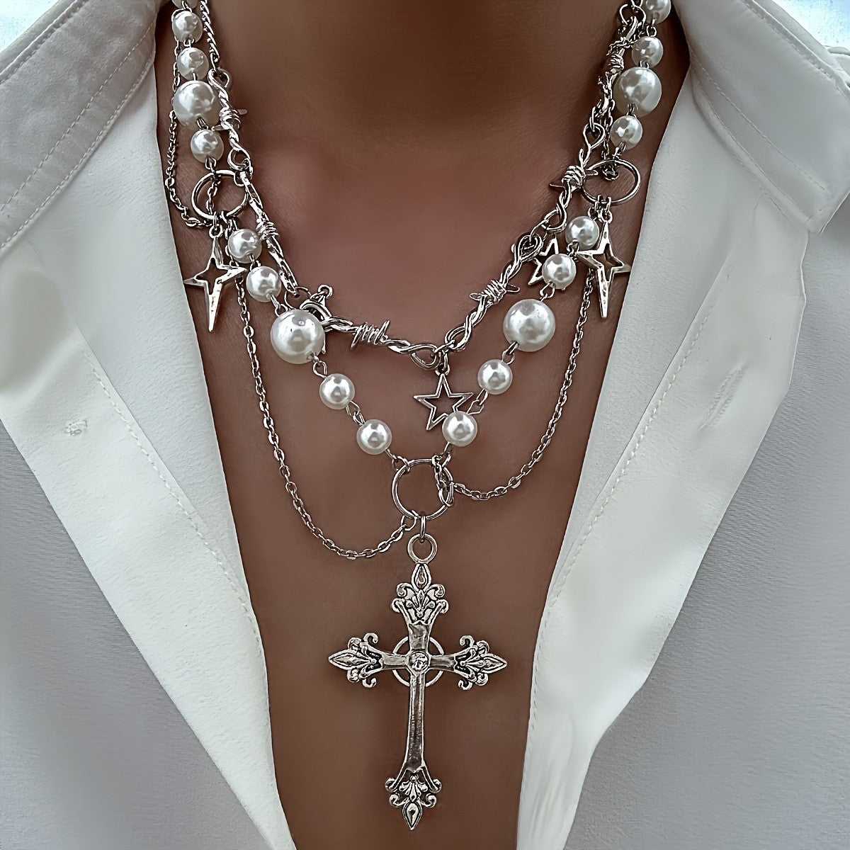 Classy Layered Pearl Star Cross Necklace