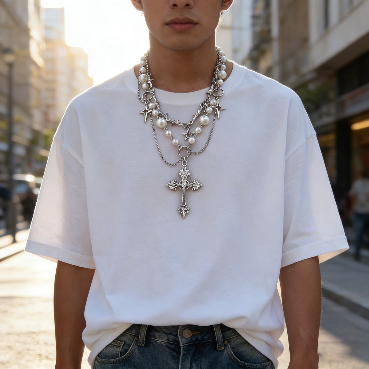Classy Layered Pearl Star Cross Necklace