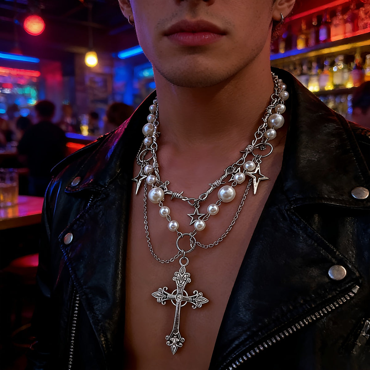 Classy Layered Pearl Star Cross Necklace