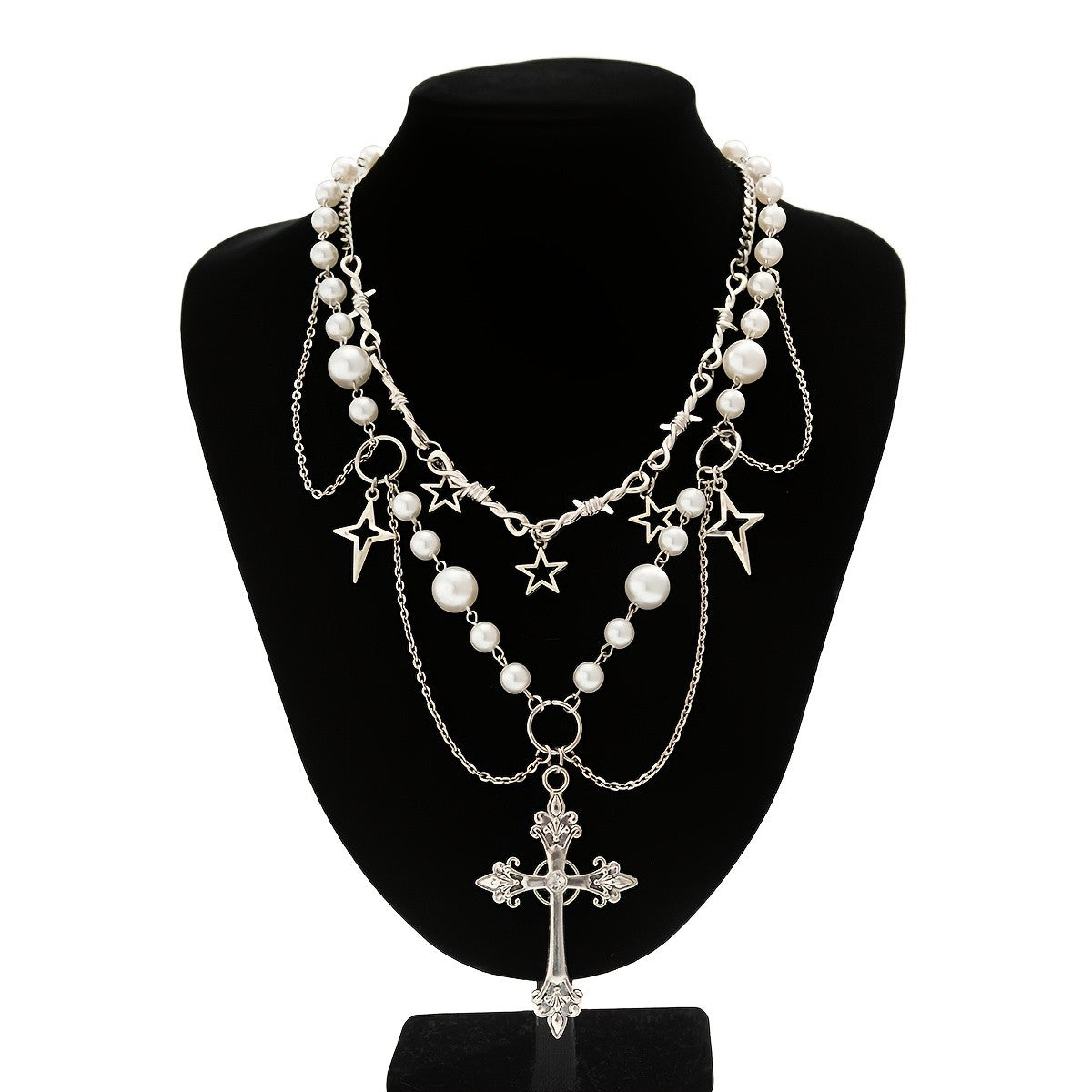Classy Layered Pearl Star Cross Necklace