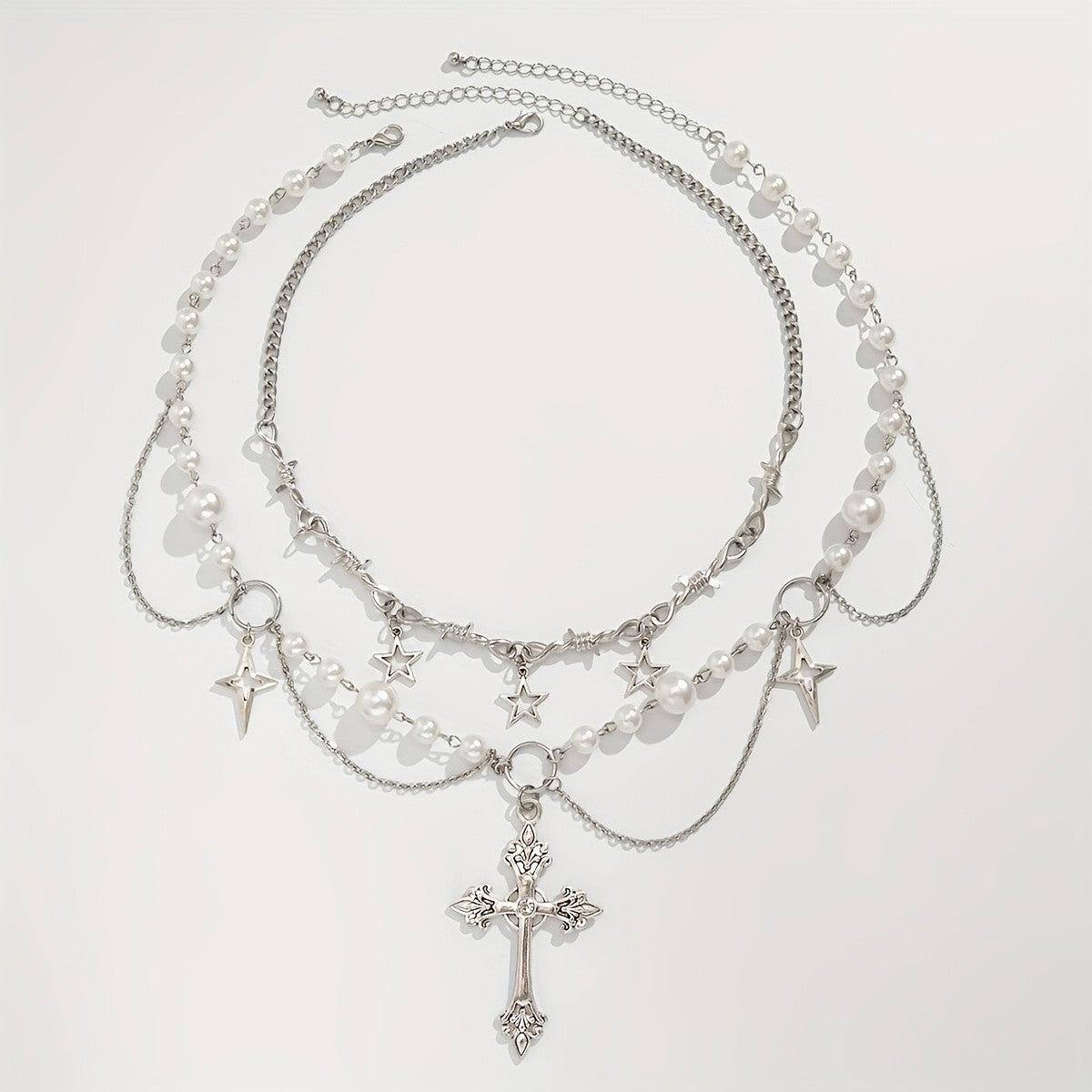 Classy Layered Pearl Star Cross Necklace