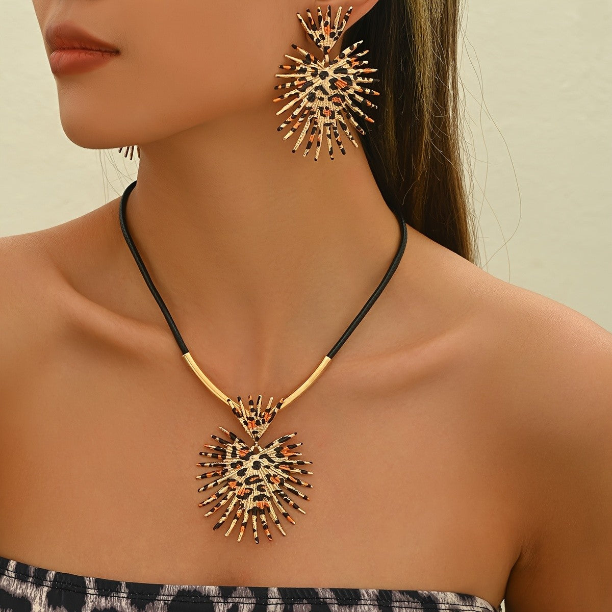 Boho Leopard Print Sunburst Necklace Set