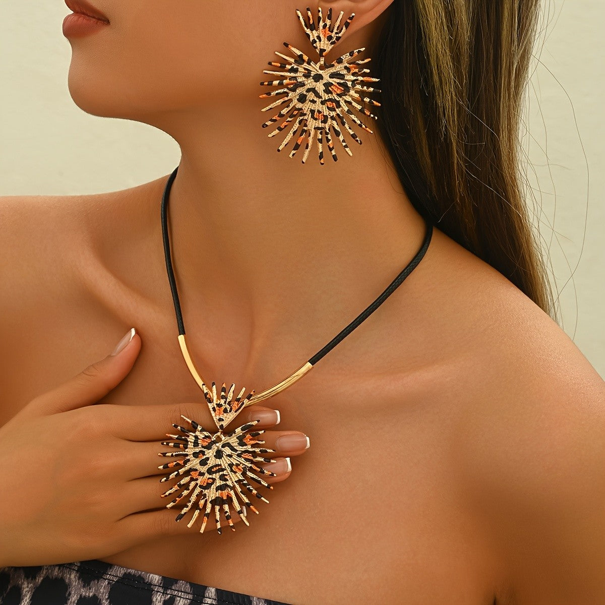 Boho Leopard Print Sunburst Necklace Set