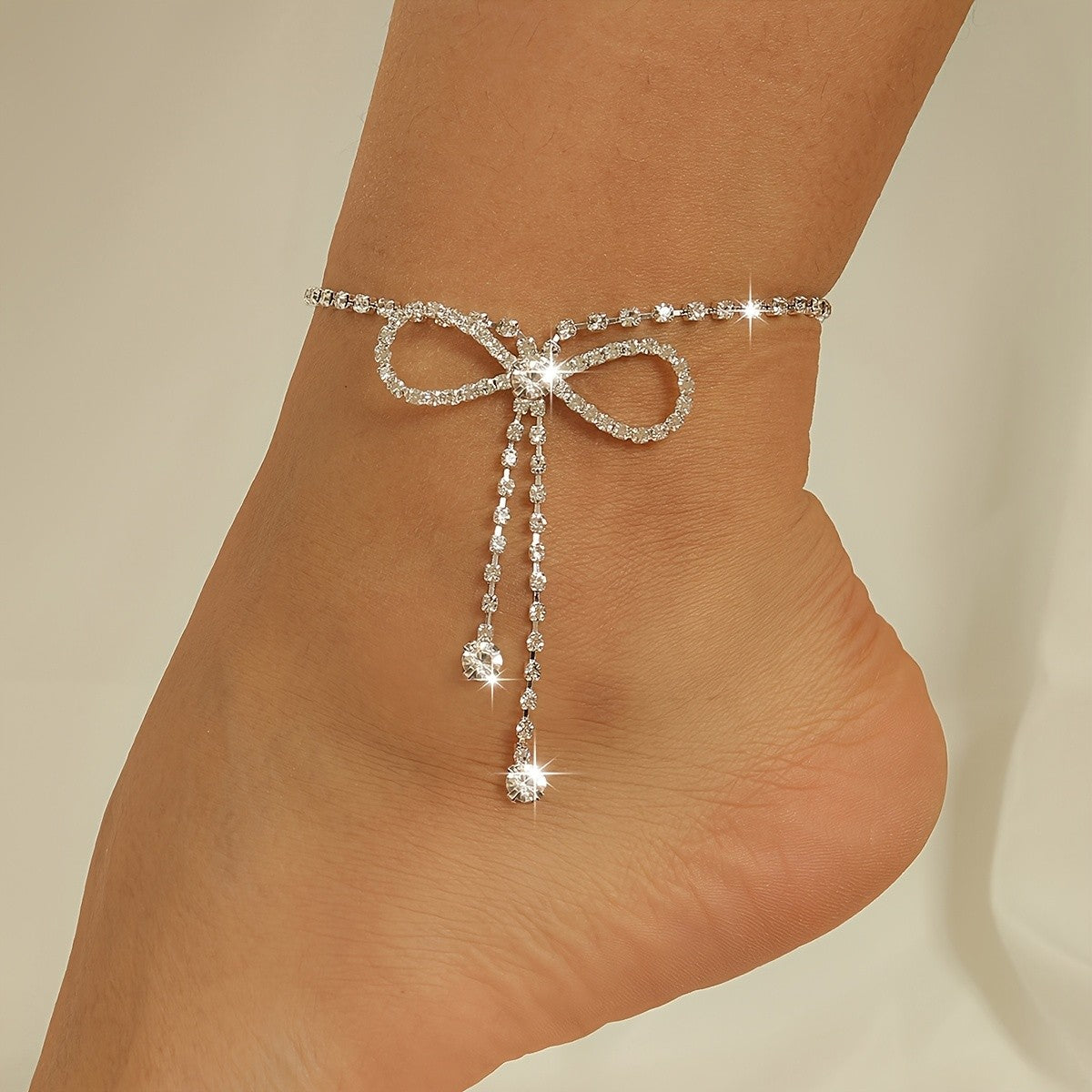 Dainty Crystal Bow Tassel Anklet