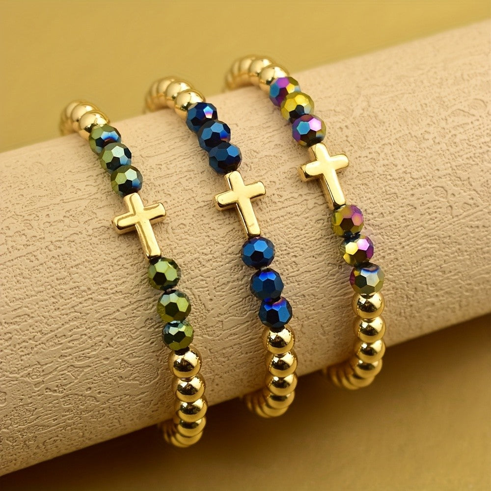 3pc Boho Iridescent Cross Bracelet Set