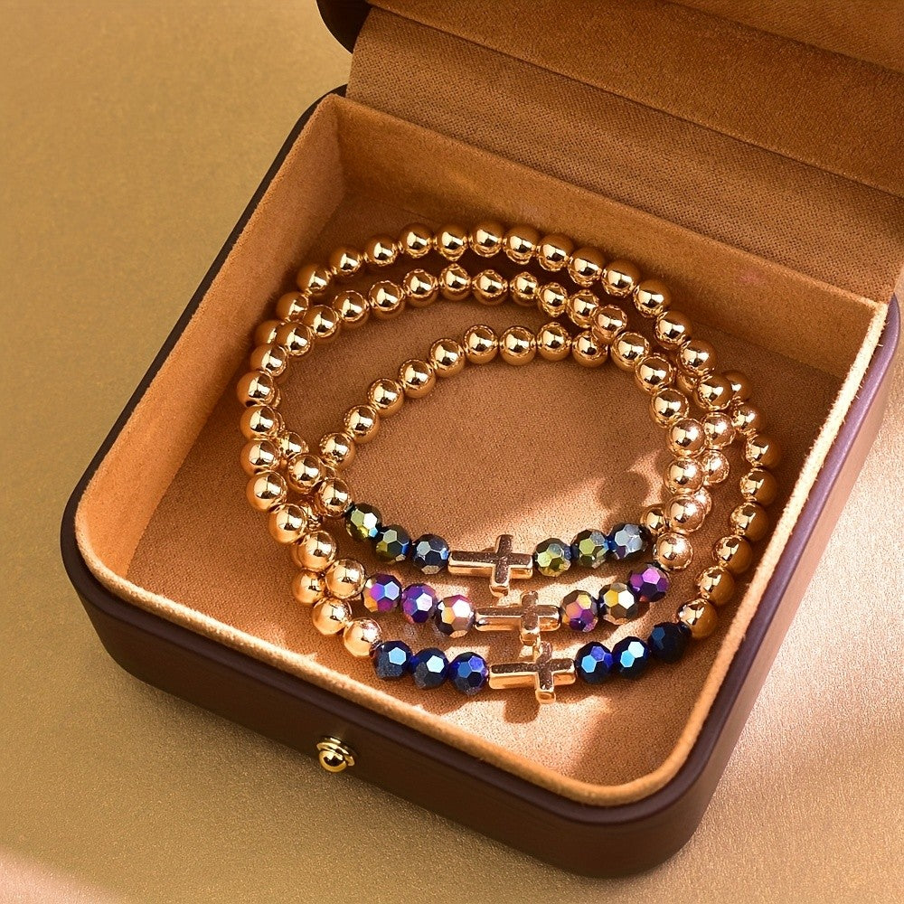 3pc Boho Iridescent Cross Bracelet Set