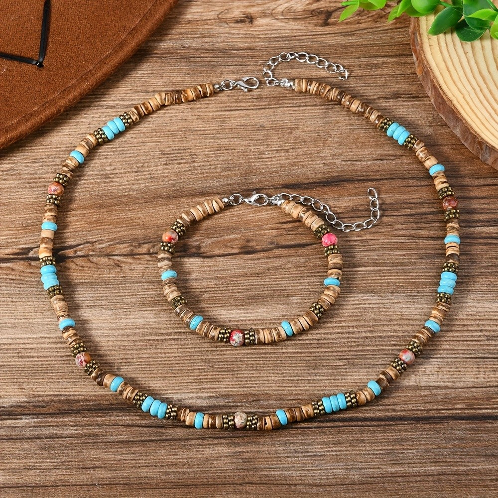 2pc Boho Wood Bead Necklace & Bracelet Set