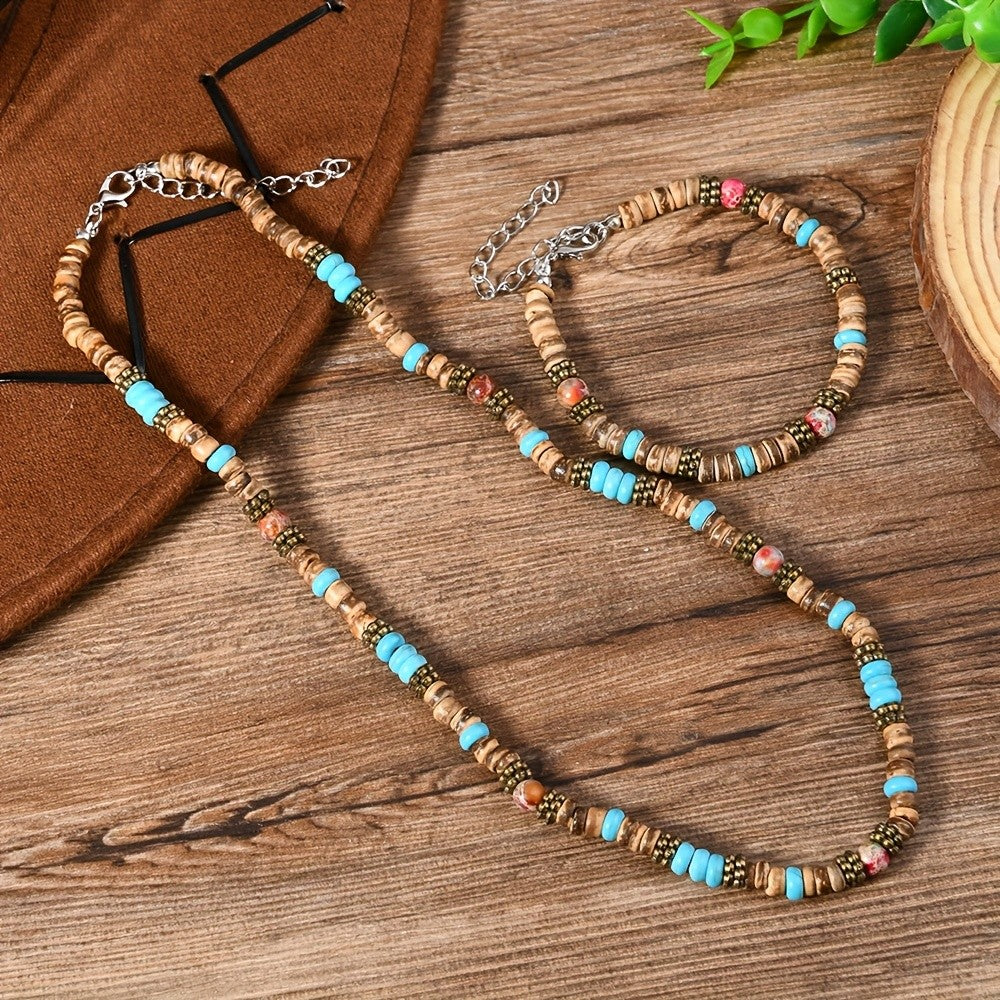 2pc Boho Wood Bead Necklace & Bracelet Set