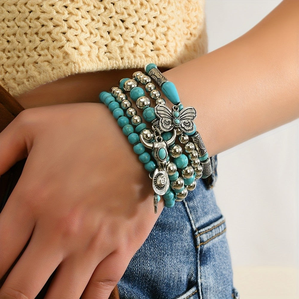 Boho Turquoise Bead Charm Bracelet Set