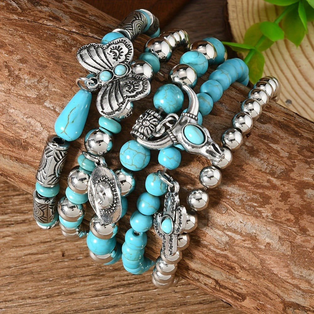 Boho Turquoise Bead Charm Bracelet Set
