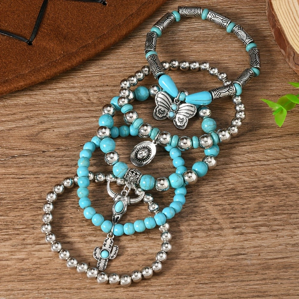 Boho Turquoise Bead Charm Bracelet Set