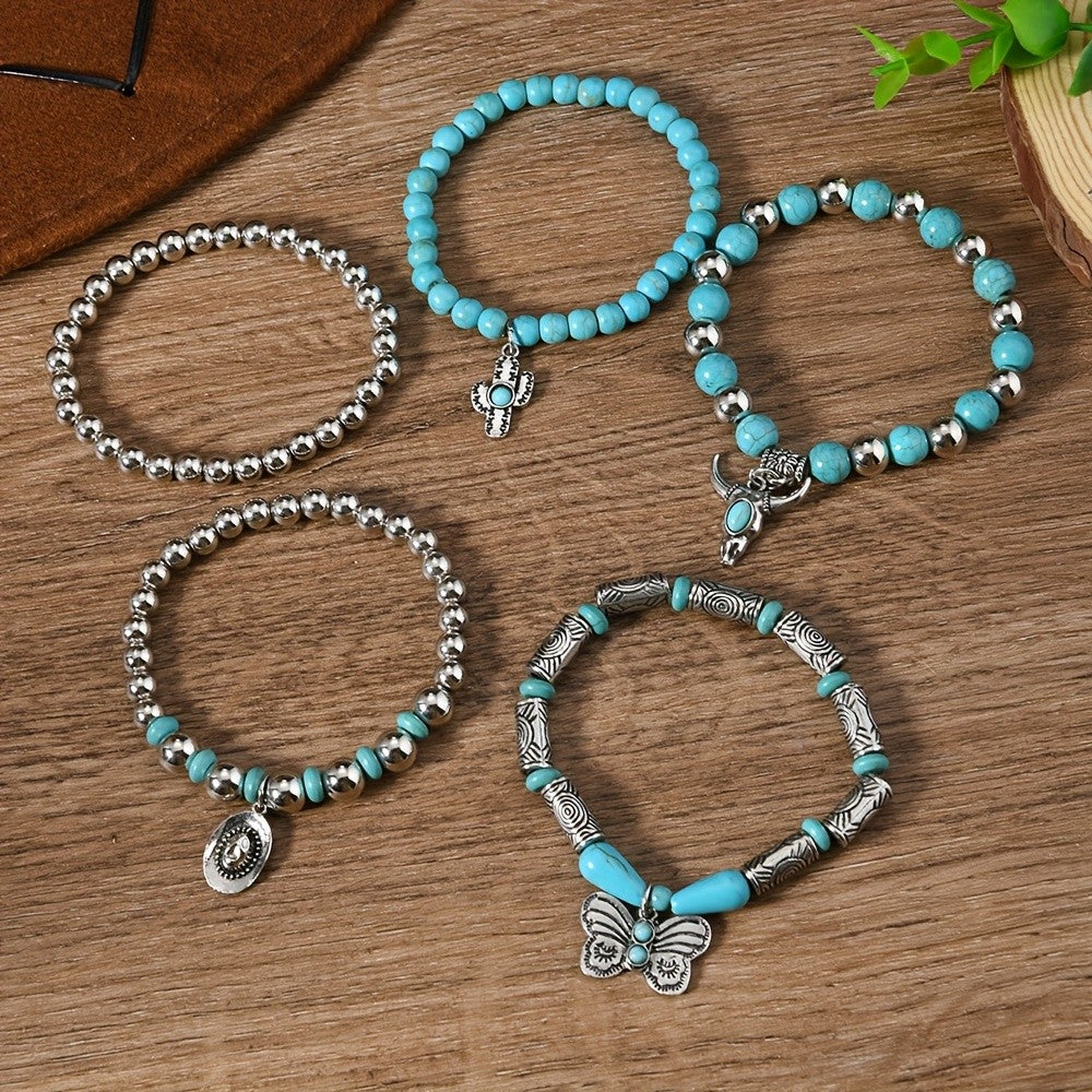 Boho Turquoise Bead Charm Bracelet Set