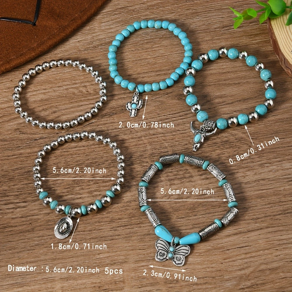 Boho Turquoise Bead Charm Bracelet Set