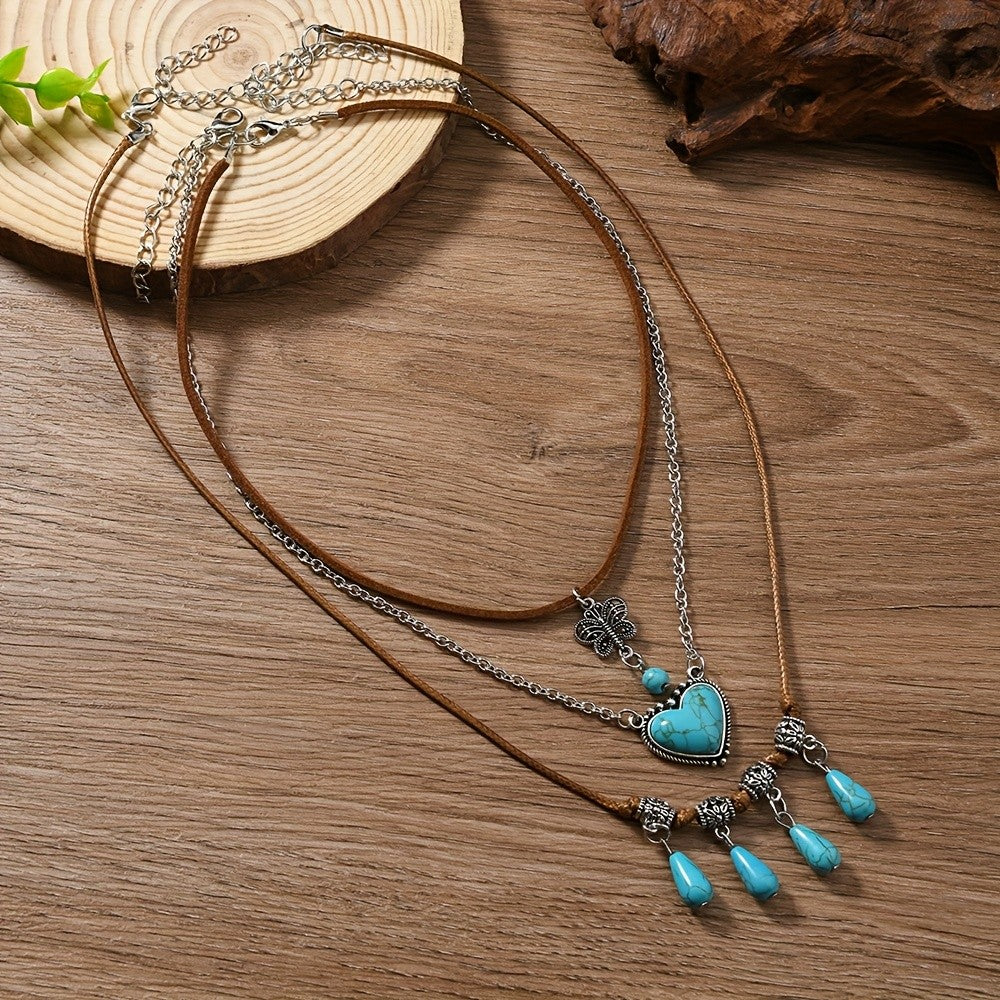 3pc Boho Turquoise Heart Necklace Set