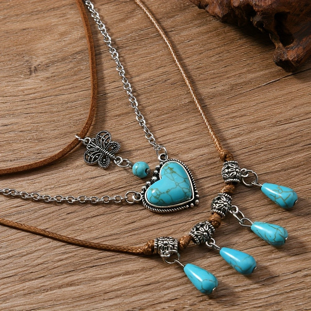 3pc Boho Turquoise Heart Necklace Set