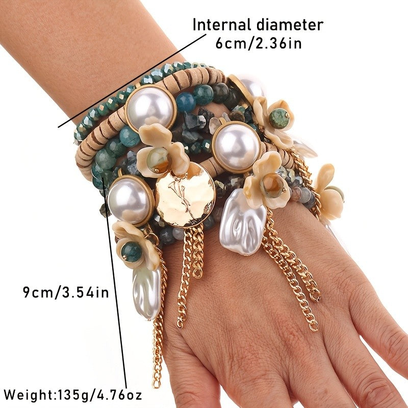Boho Layered Green Bead Flower Bracelet Stack