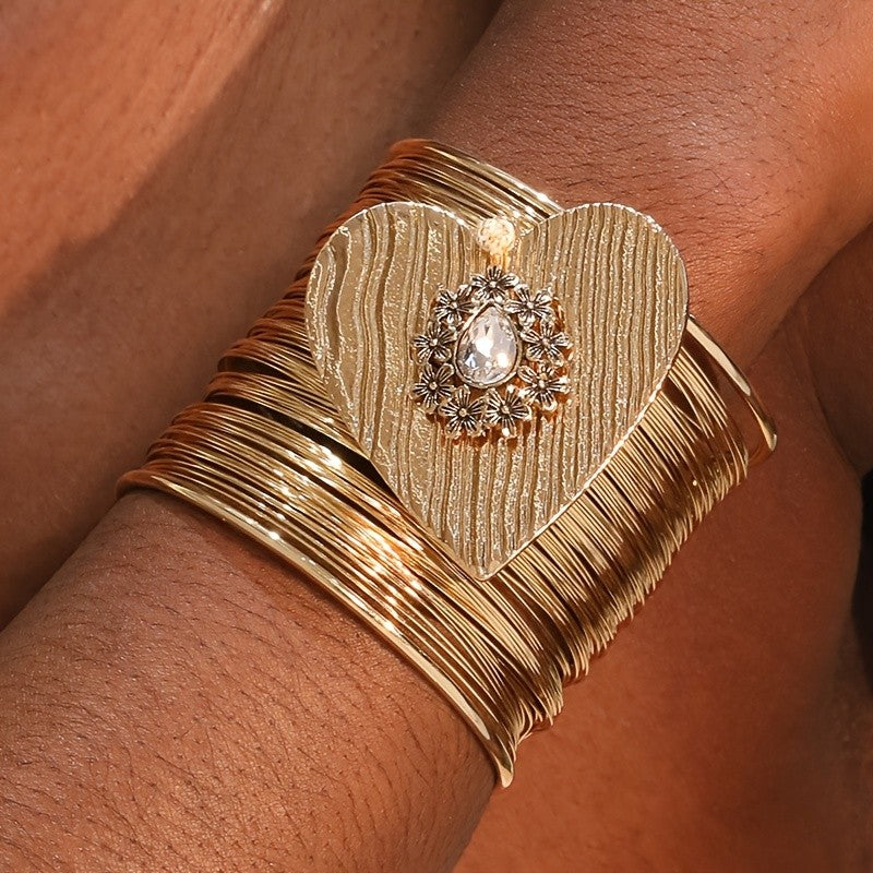 Vintage Textured Heart Multi-Layer Cuff Bracelet