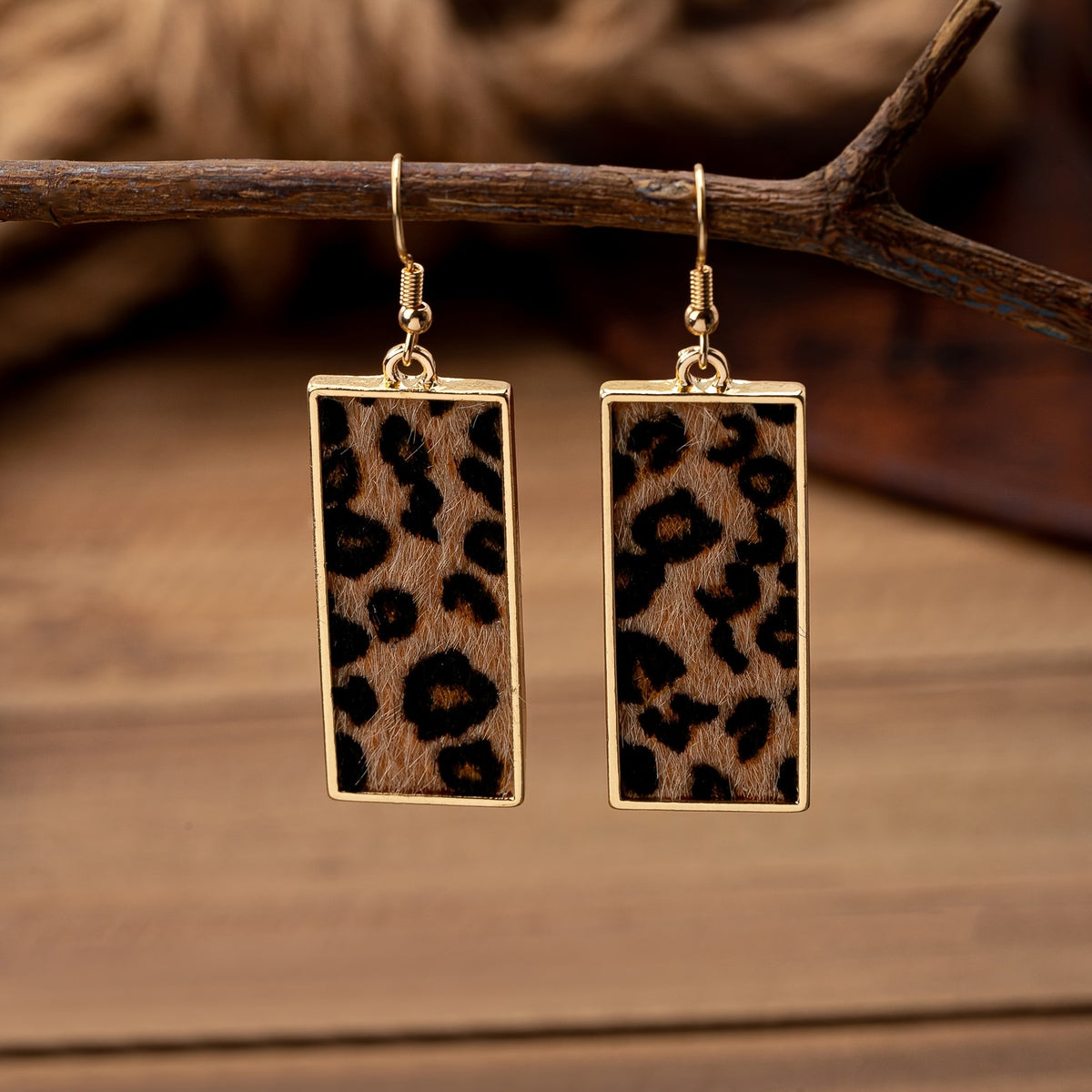 14k Rectangular Leopard Print Drop Earrings