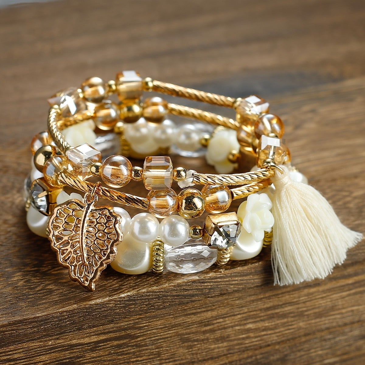 Boho Floral Leaf Tassel Bracelet Set