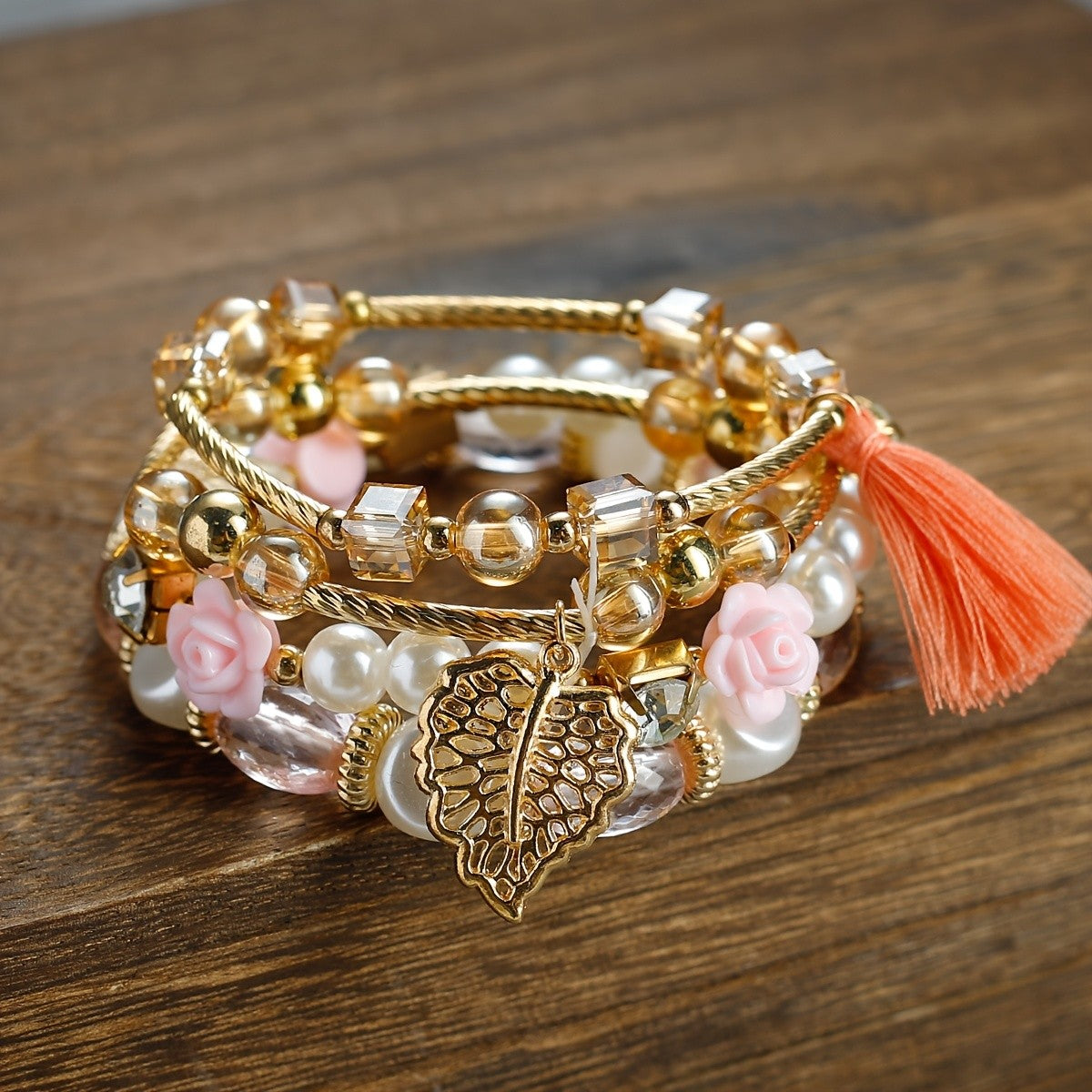 Boho Floral Leaf Tassel Bracelet Set