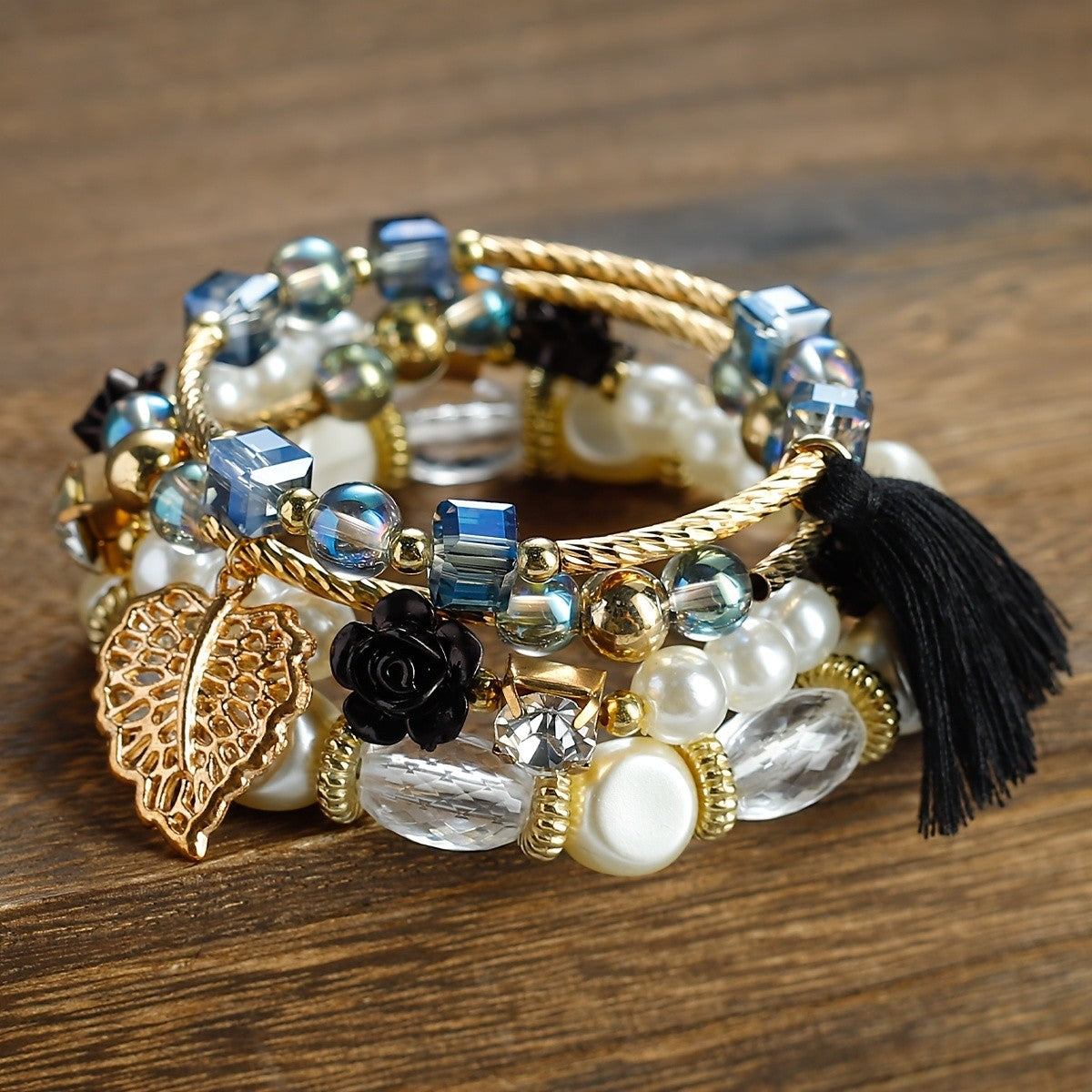 Boho Floral Leaf Tassel Bracelet Set