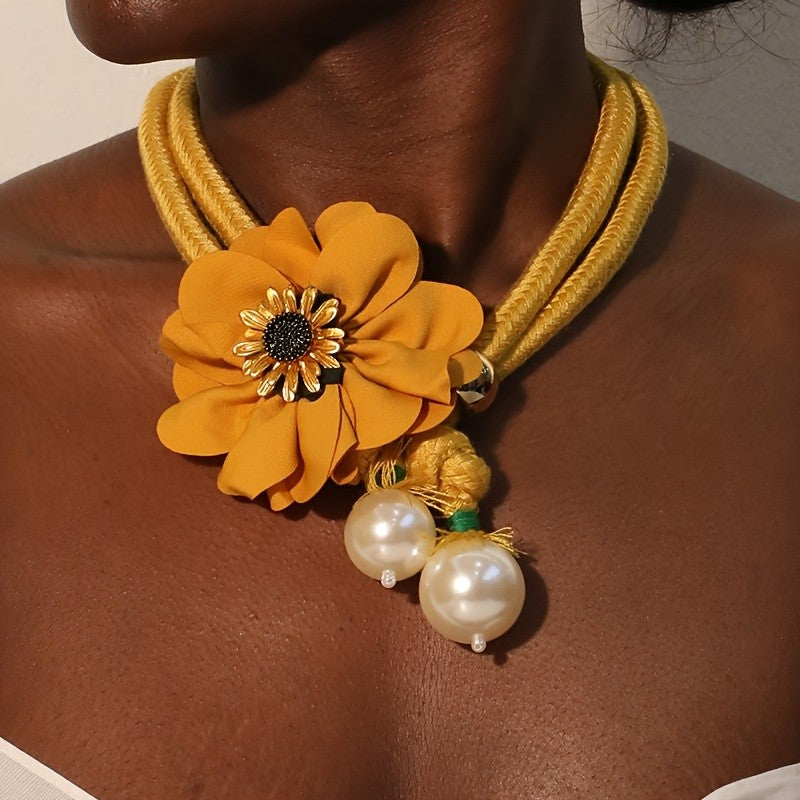 Boho Mustard Floral Faux Pearl Necklace