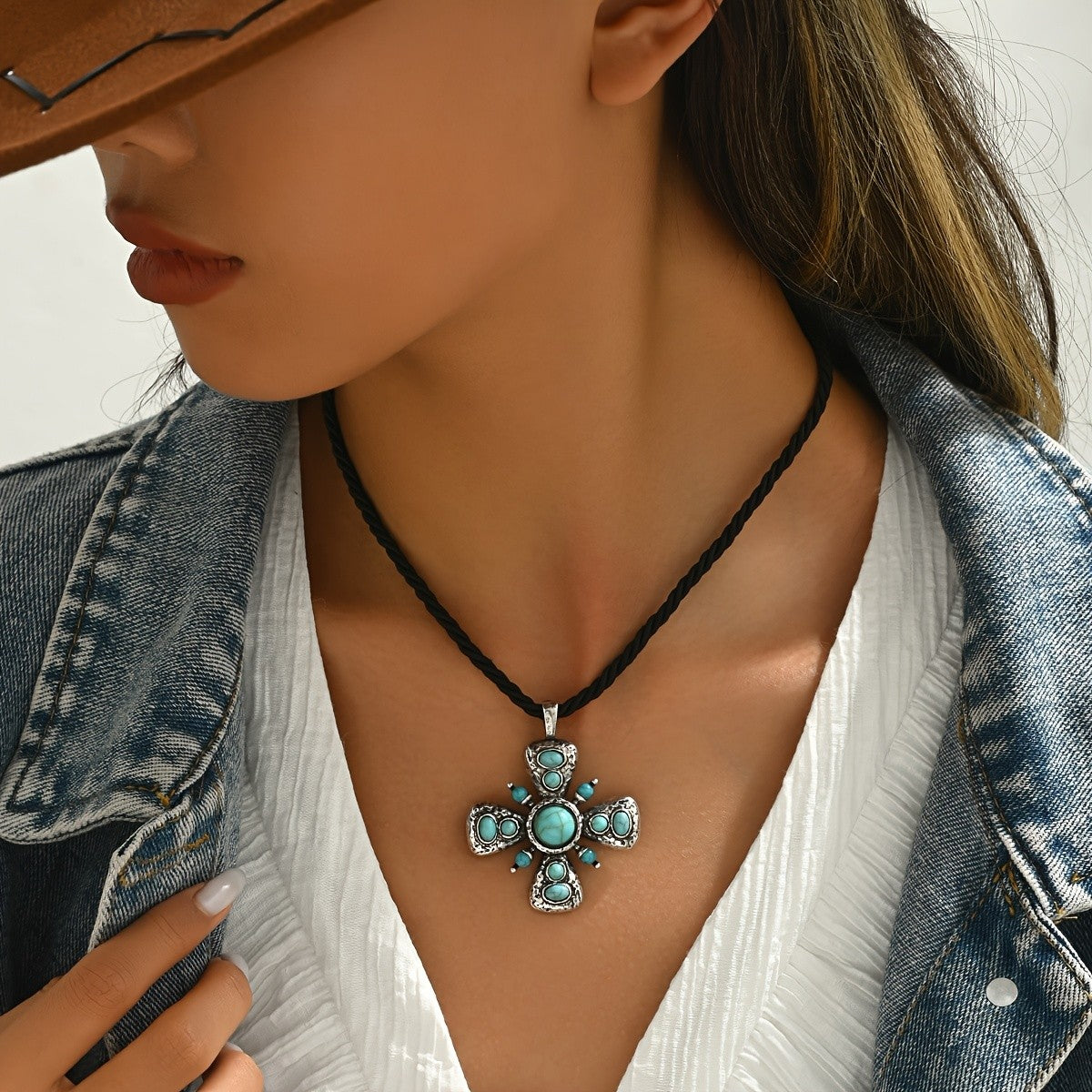 Vintage Boho Turquoise Cross Necklace