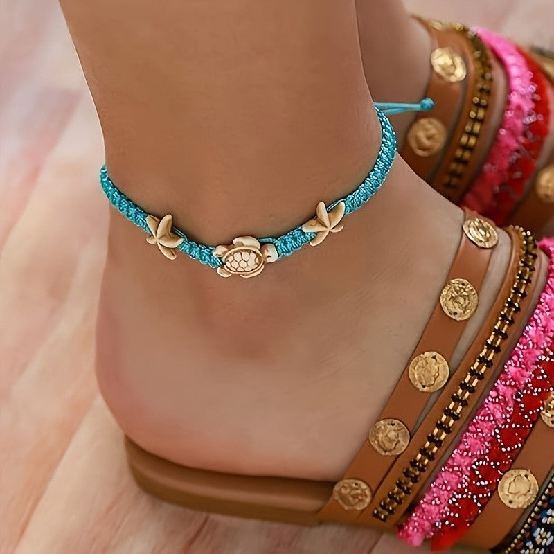 Boho Woven Starfish & Turtle Anklet