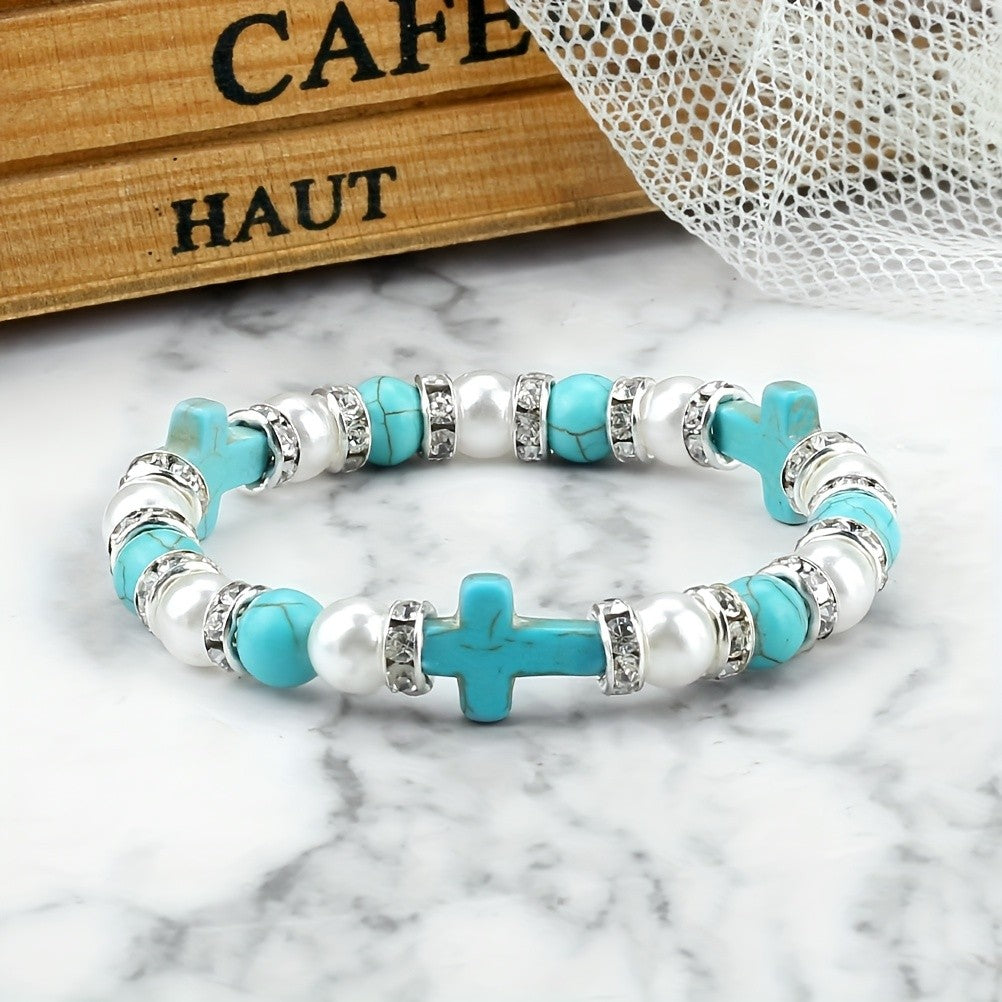 Boho Red Cross & Pearl Beaded Bracelet