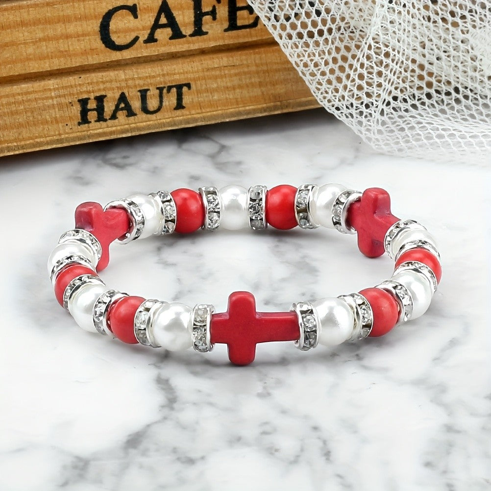 Boho Red Cross & Pearl Beaded Bracelet