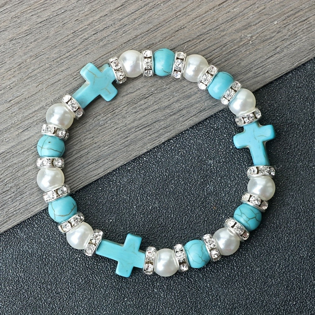 Boho Red Cross & Pearl Beaded Bracelet
