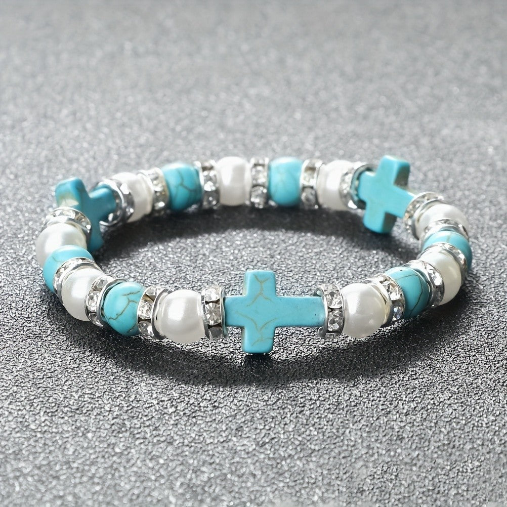 Boho Red Cross & Pearl Beaded Bracelet