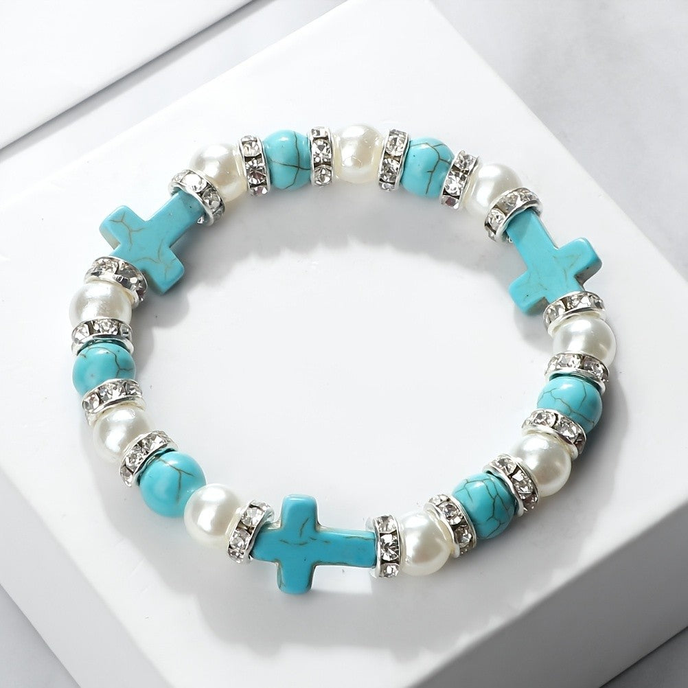 Boho Red Cross & Pearl Beaded Bracelet