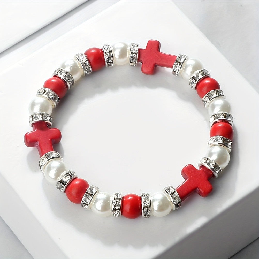 Boho Red Cross & Pearl Beaded Bracelet
