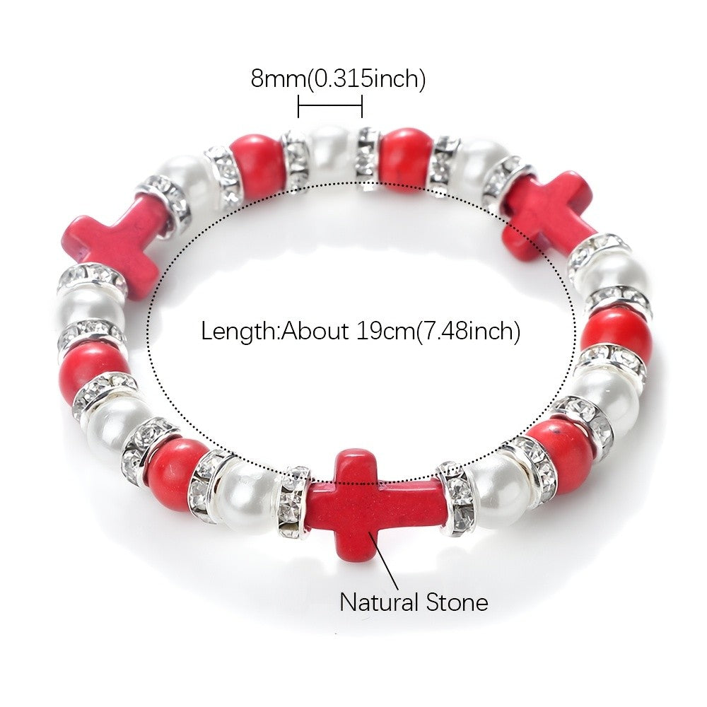 Boho Red Cross & Pearl Beaded Bracelet