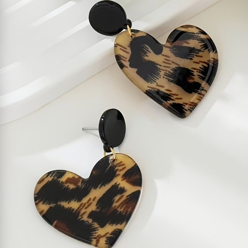 Leopard Print Acrylic Heart Dangle Earrings