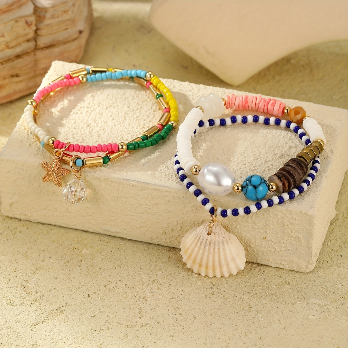 4pc Boho Turquoise & Shell Bracelet Set
