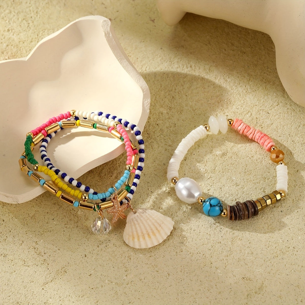 4pc Boho Turquoise & Shell Bracelet Set