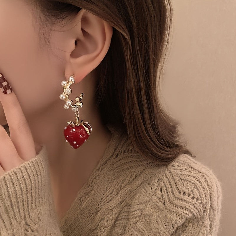 Romantic Strawberry Pearl Drop Earrings