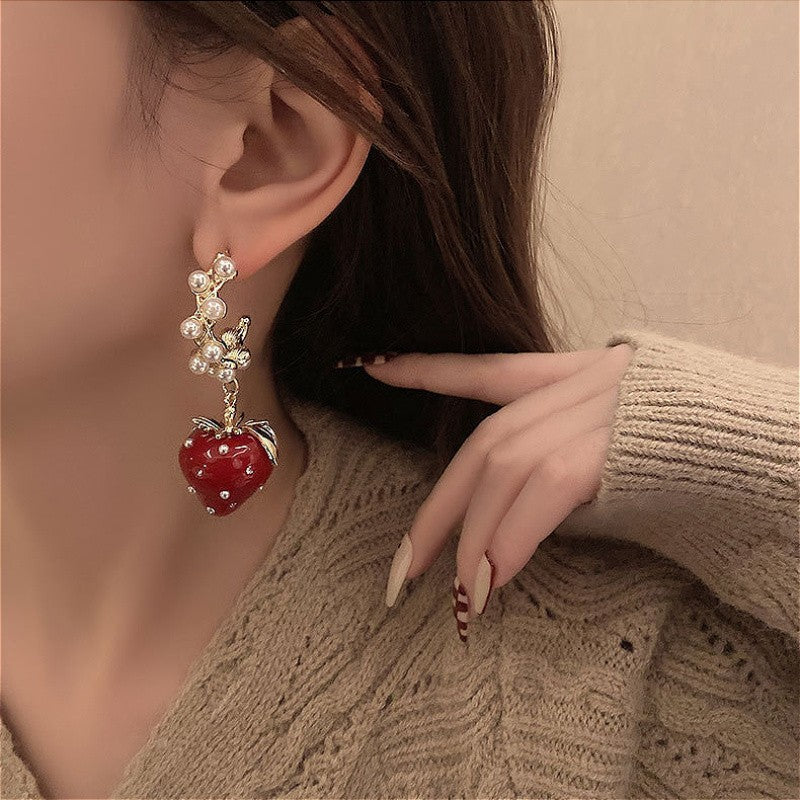 Romantic Strawberry Pearl Drop Earrings