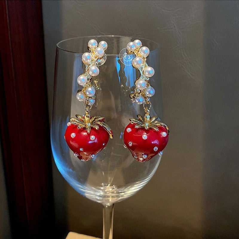Romantic Strawberry Pearl Drop Earrings