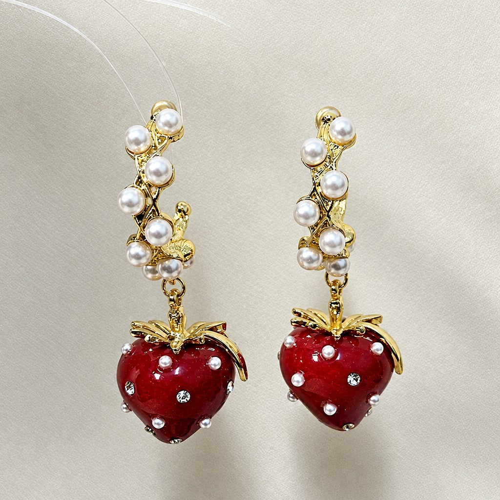 Romantic Strawberry Pearl Drop Earrings
