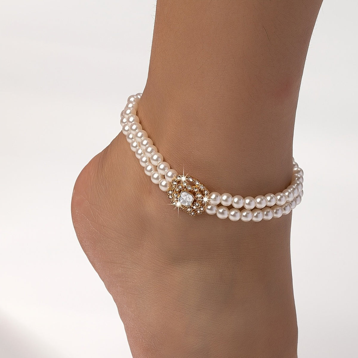 14k Elegant Double Strand Pearl Anklet