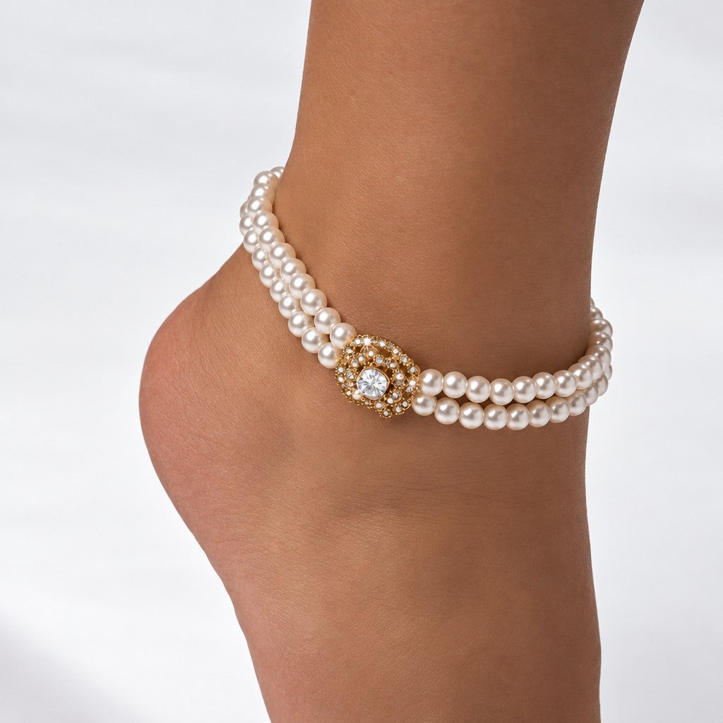 14k Elegant Double Strand Pearl Anklet