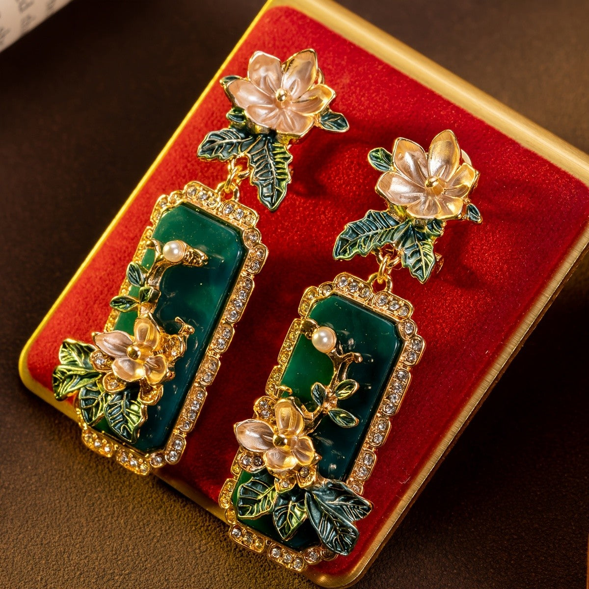 Elegant Floral Green Rectangle Earrings