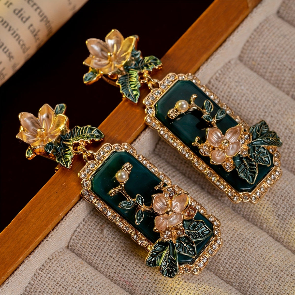 Elegant Floral Green Rectangle Earrings